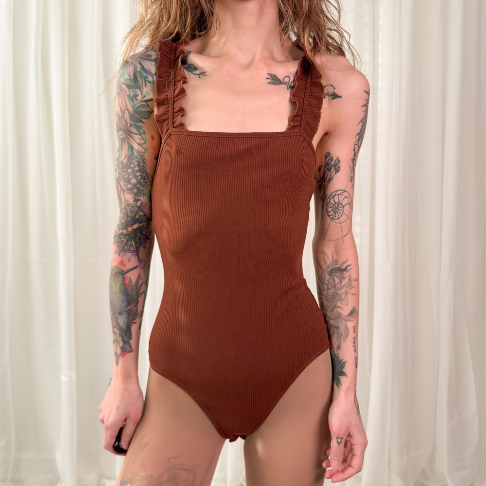 Lelis Brown Ribbed Bodysuit‎ Medium Square Neck